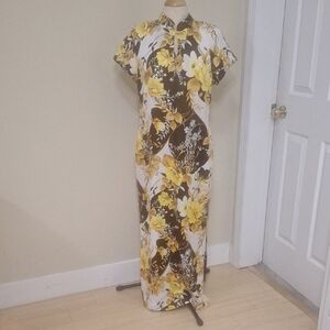 Hilo Hattie Vintage 70's Floral Side Slit Manderan Collar Maxi Dress Size 16